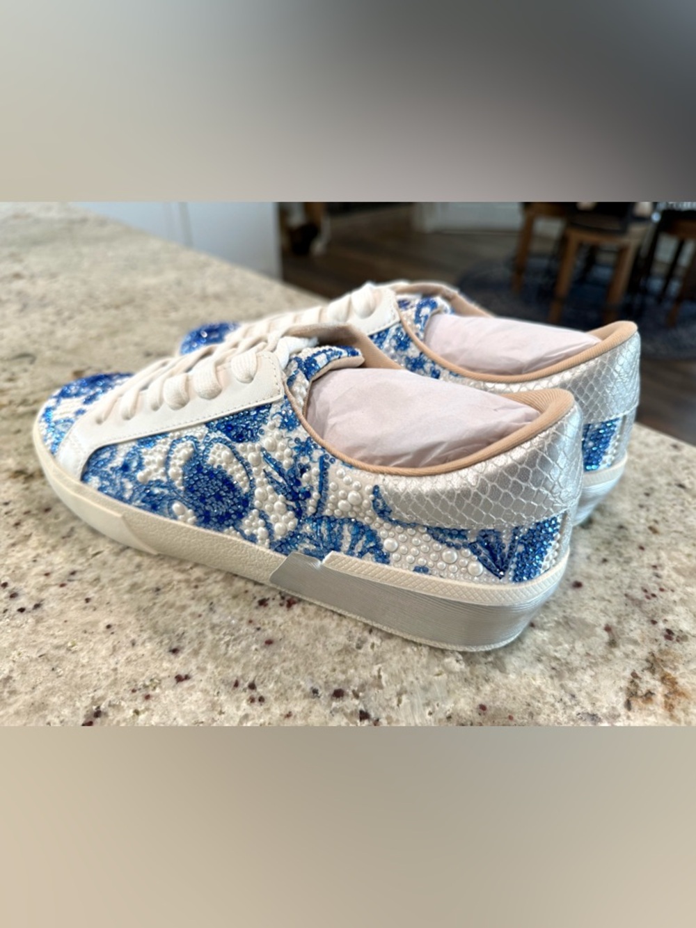 Betsey Johnson White and Blue Beaded Floral "Damon" Sneakers "NEW" - Picture 9 of 17
